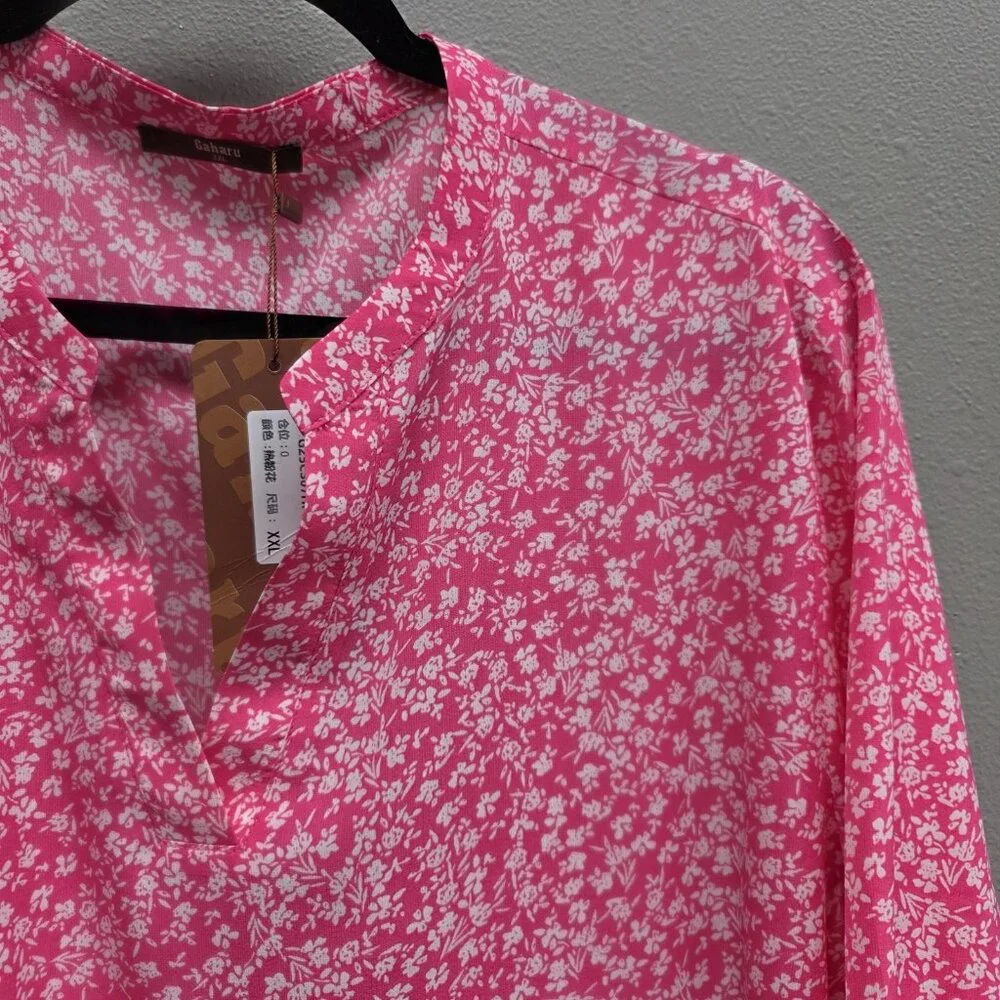 Gaharu Shirt Womens 2XL Pink Floral Split V Neck Bell Sleeve Flutter Blouse - Picture 2 of 12
